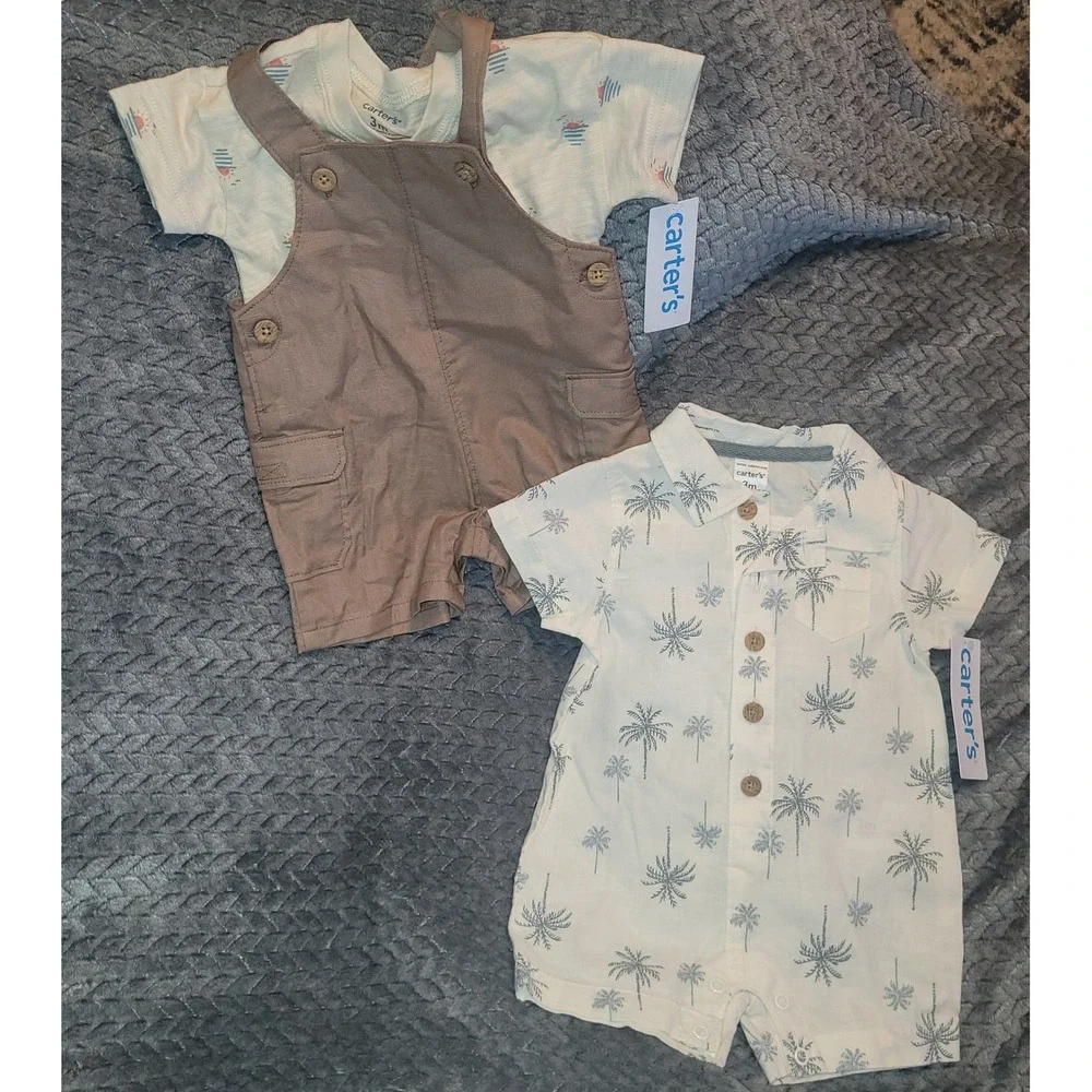 NWT Carter's OshKosh Baby Boy 3M Summer Bundle Gingham Palm Tree Linen 4pc Set